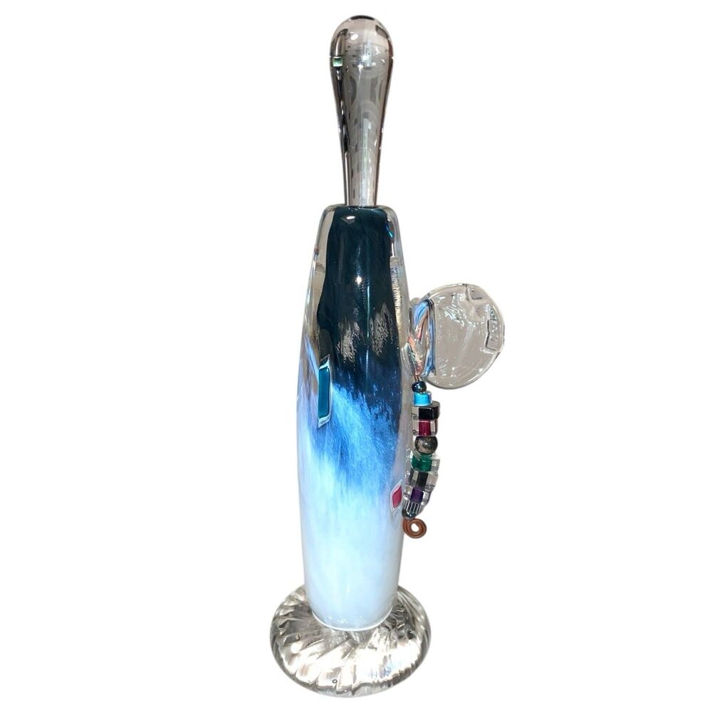Signed - Hand Blown Art Glass Perfume Bottle With Beads 7.5”